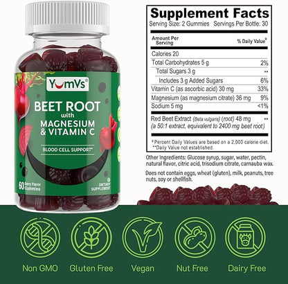 YumVs Beet Root Gummies with Magnesium & Vitamin C – Berry Flavor Beetroot Gummies – Nitric Oxide Support for Heart Health & Antioxidant Wellness – Vegan, Non-GMO – 60 Gummies