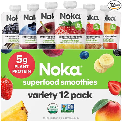 Noka Superfood Fruit Smoothie Pouches Variety Pack, Healthy Snacks with Flax Seed, Plant Protein and Prebiotic Fiber, Vegan and Gluten Free Snacks, Made in USA, Organic Squeeze Pouch, 4.22 oz, 12 Count