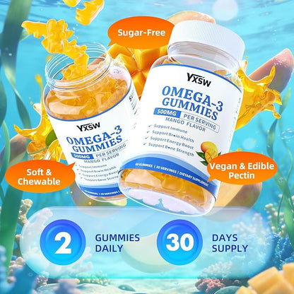 Vegan Omega-3 Gummies 500mg, Omega 3 Fish Oil Alternative for Adults with Plant-Based EPA & DHA & Vitamin A, C, E for Brain, Eye & Immune Health, Sugar Free, Mango Flavor, 120 Count
