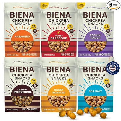 BIENA Chickpea Snacks - Crunchy Roasted Chickpeas - High Fiber Vegan Protein Snack for Adults & Kids - 6-Pack, 5 oz Bags - BBQ, Habanero, Honey Roasted, Lil' Bit of Everything, Sea Salt, Rockin' Ranch