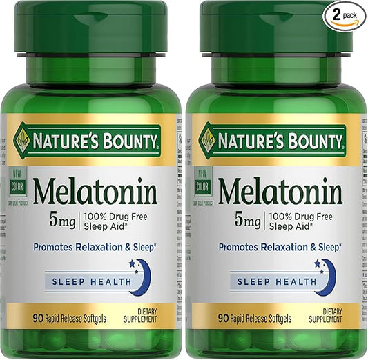 Nature's Bounty Melatonin, 100% Drug Free Sleep Aid, Dietary Supplement, Promotes Relaxation and Sleep Health, 5mg, 90 Softgels (Pack of 2)