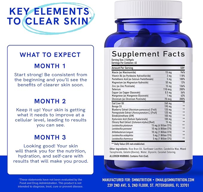 Clear Skin Supplement with Zinc, DIM & Probiotics | 3-in-1 Balance, Glow & Health Skin Support | Triple Action Hyaluronic Acid, Niaciminide & Vitamins for Hormone, Complexion & Gut Support | 180 Ct