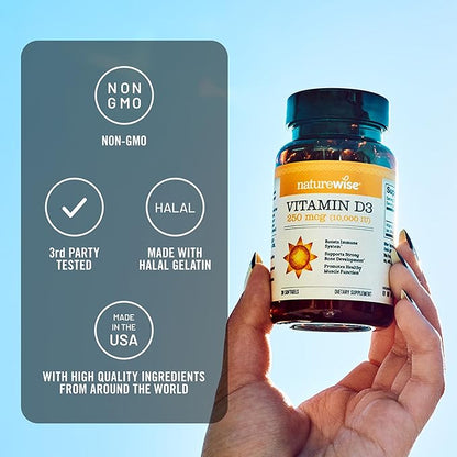 NatureWise Vitamin D3 10,000IU (250 mcg) 90-Day Supply - High Potency for Healthy Immune Support & Muscle Function, Non-GMO, Gluten-Free in Organic Extra Virgin Olive Oil, (Mini Softgel), 90 Count