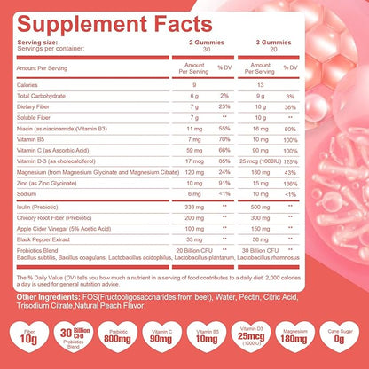 Migcopat 10G Fiber Gummies for Adults with Vitamins C, D, B3, B5 - Digestive & Gut Health Gummies with 30 Billion CFU Probiotics Blend, Inulin, ACV, Magnesium, Zinc, Support Digestive Health, 60 Cts