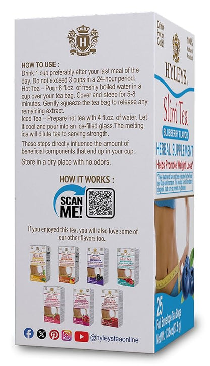HYLEYS Slim Tea Blueberry Flavor - Weight Loss Herbal Supplement Cleanse and Detox - 25 Tea Bags (6 Pack)
