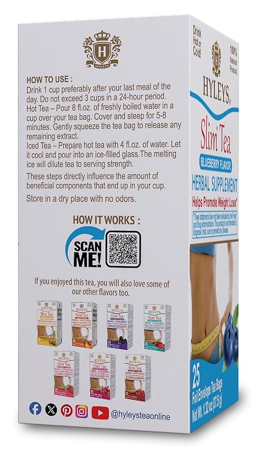 Hyleys Slim Tea Blueberry Flavor - Weight Loss Herbal Supplement Cleanse and Detox - 25 Tea Bags (12 Pack)
