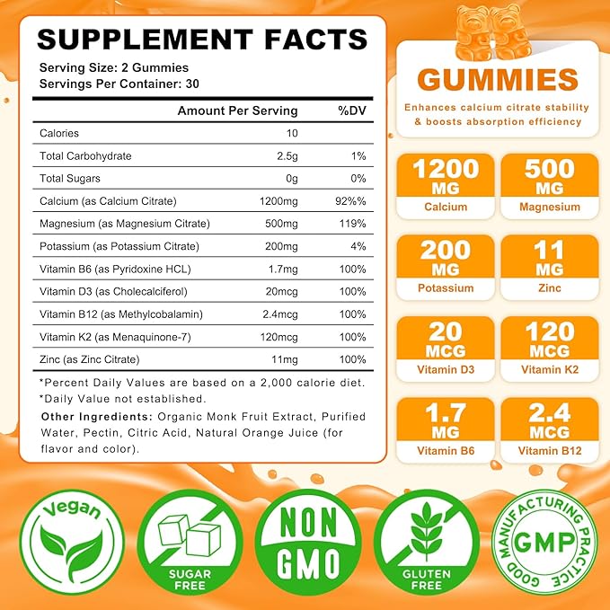 Calcium Citrate Gummies, Calcium Supplements for Women & Men, High Absorption Calcium Gummies with Vitamin D3, Magnesium & Zinc for Muscle, Bone & Immune Support, Orange Flavor, 60 Count