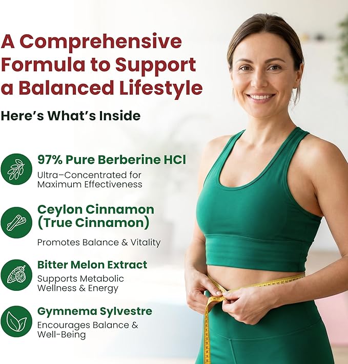 ForestLeaf Berberine Supplement - 1300mg per Serving - Ultra High Potency Berberine HCl with Ceylon Cinnamon, Bitter Melon & Gymnema - Weight Management Support - 90 Caps