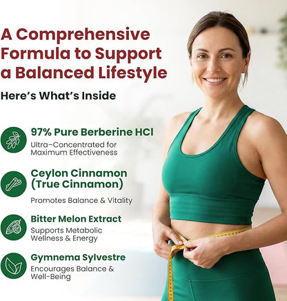 ForestLeaf Berberine Supplement - 1300mg per Serving - Ultra High Potency Berberine HCl with Ceylon Cinnamon, Bitter Melon & Gymnema - Weight Management Support - 90 Caps