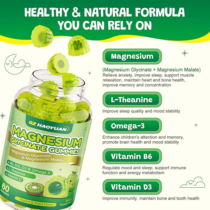 Magnesium Glycinate Gummies for Kids & Adults - Sugar Free Magnesium Malate with L-Theanine, Omega-3, Vitamin D3, B6, B12, C- Sleep, Calm, Relaxation, Brain, Bones, Green Apple & Kiwi，60ct