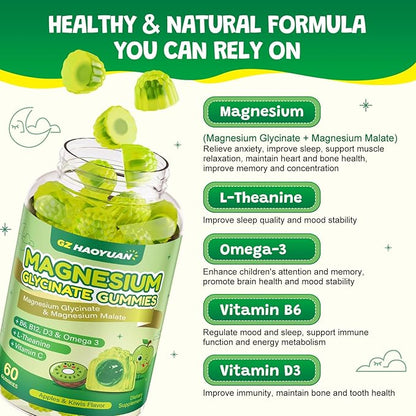 Magnesium Glycinate Gummies for Kids & Adults - Sugar Free Magnesium Malate with L-Theanine, Omega-3, Vitamin D3, B6, B12, C- Sleep, Calm, Relaxation, Brain, Bones, Green Apple & Kiwi，60ct