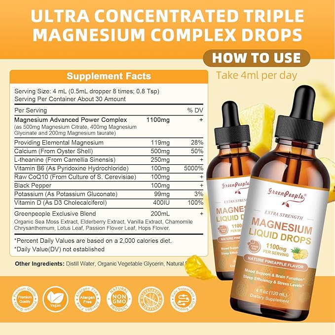 GREENPEOPLE 17-in-1 Triple Magnesium Complex Supplement,Magnesio Liquid Drops with Magnesium Glycinate & Citrate,Pineapple Flavor,Calm Mood,Muscle & Sleep for Adults,4 fl. oz 2Pack