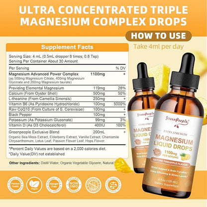 GREENPEOPLE 17-in-1 Triple Magnesium Complex Supplement,Magnesio Liquid Drops with Magnesium Glycinate & Citrate,Pineapple Flavor,Calm Mood,Muscle & Sleep for Adults,4 fl. oz 2Pack