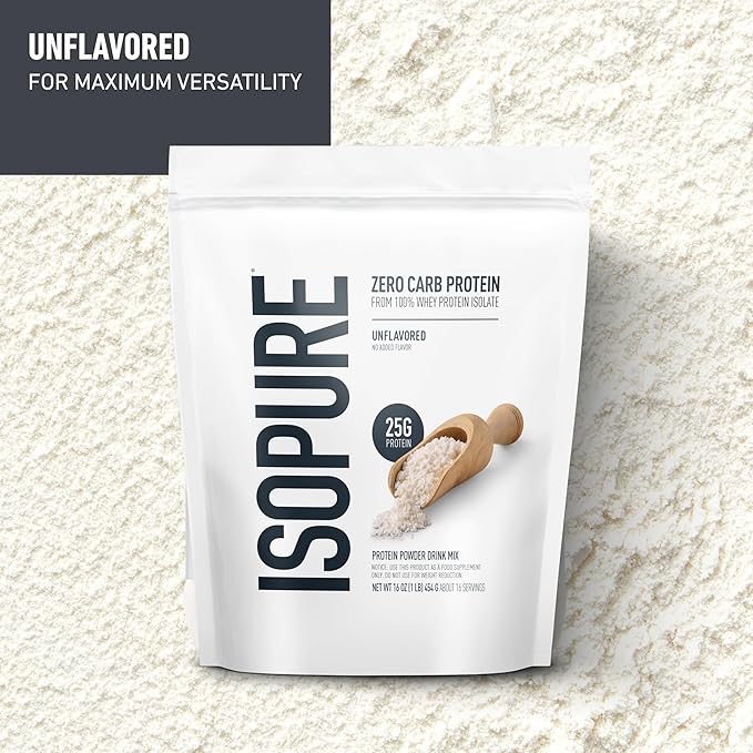 Isopure Zero Carb 100% Pure Whey Isolate Protein Powder, Gluten Free, with Vitamins, Unflavored, 25g Protein Per Serving, 1 Lb, 16 Servings (Packaging May Vary)