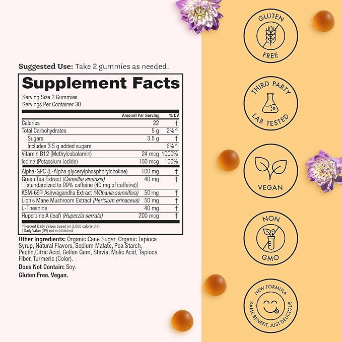 Winged Wellness Rise Up, Energy & Focus Gummies for Women - Daily Brain Boost Gummy Supplement with Natural Caffeine, Ashwagandha, B12, Nootropics Alpha-GPC & Lion’s Mane - Pineapple, 60 Gummies
