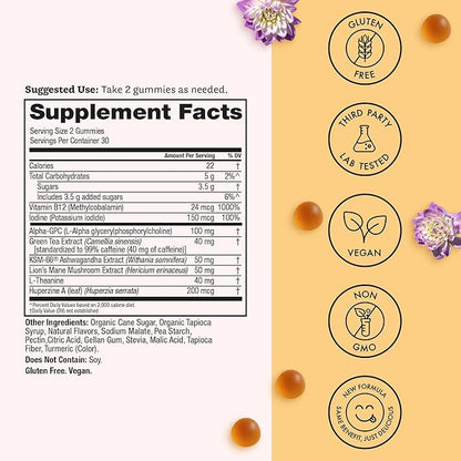 Winged Wellness Rise Up, Energy & Focus Gummies for Women - Daily Brain Boost Gummy Supplement with Natural Caffeine, Ashwagandha, B12, Nootropics Alpha-GPC & Lion’s Mane - Pineapple, 60 Gummies