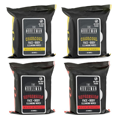 The Nobleman 4-Pack Face + Body Aloe Infused Cleansing Wipes: 2 Charcoal Packs with Chamomile and 2 Refreshing Packs with Grapefruit (120 Ct.), CharcoalRefreshing