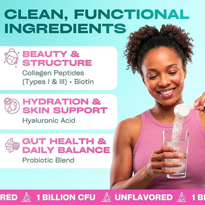 GOBIOTIX Collagen Powder Supplement with Probiotics - Hydrolyzed Protein Collagen Powder for Women - Hair Skin and Nails, Joint and Digestive Health - Collagen Peptides Type I and III - 30 Servings
