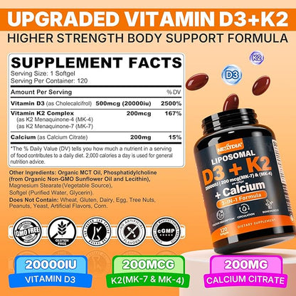 Vitamin D3 20,000 IU + K2 Vitamin (MK4 & MK7) 200mcg + Calcium Citrate, Optimal Vitamin D3 K2 Softgel - Strong Bone & Muscle, Calcium Absorption, Helping Vitamin D Deficiencies, Easy to Swallow, 1Pack