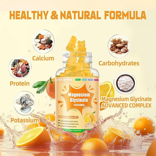 Magnesium Glycinate Gummies 1000mg - Sugar Free Magnesium Potassium Supplement with Vitamin D, B6, CoQ10 for Calm Mood & Sleep Support - 60 Orange Gummies