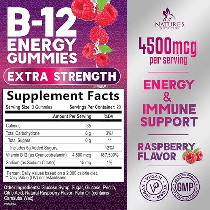 B12 Energy Gummies - 4500 mcg Vitamin B12 Per Serving - Extra Strength Chewable B12 Supplement for Energy, Metabolism & Immune Support - For Women, Men & Kids - Natural & Berry Flavored - 60 Gummies