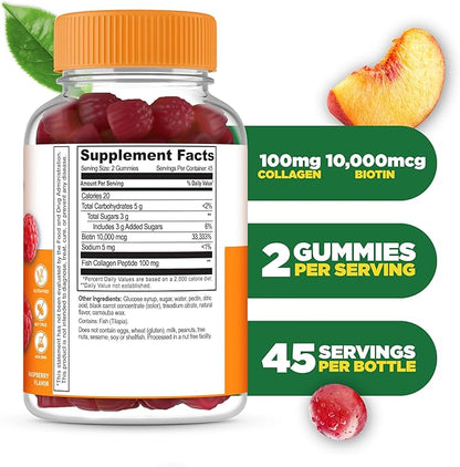 Lifeable Collagen Peptides Gummies 100mg | with 10000mcg Biotin | Great Tasting Biotin and Collagen Supplements | for Hair, Skin, and Nails | Collagen Gummies for Women, Men, Adults | 90 Gummies
