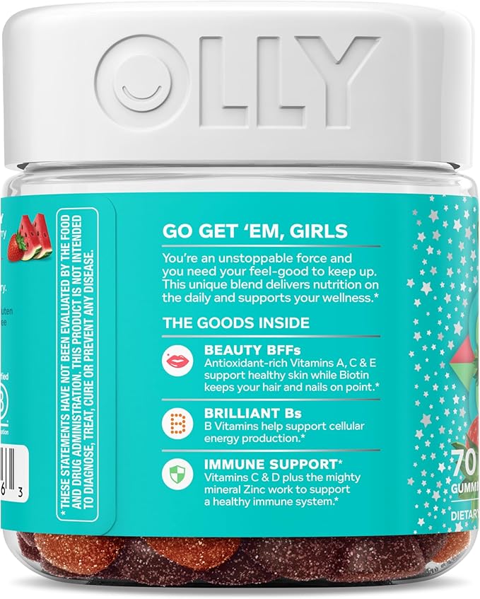 Olly Teen Girl Multi Gummy, Healthy Skin and Immune Support, 15 Essential Vitamins, Biotin, Zinc, Calcium, Chewable Multivitamin, Berry Melon, 35 Day Supply, 70 Count