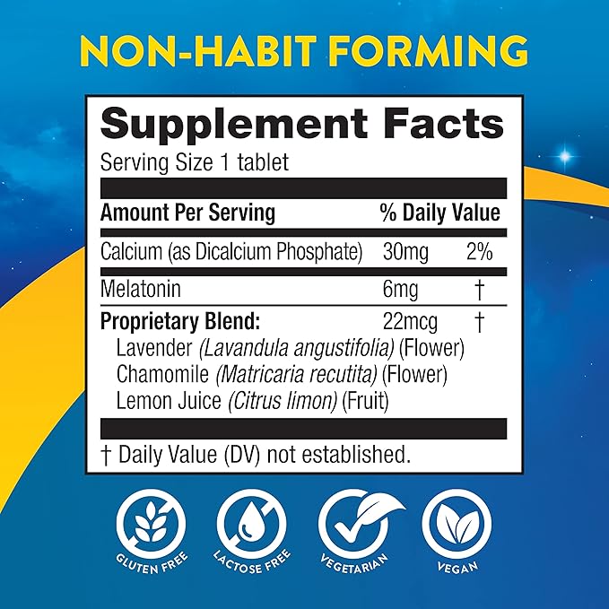 MidNite Extended Release Medium Dose, 6 mg Melatonin Sleep Aid, Non-Habit Forming, Herbal Dietary Supplement for Adults, Drug-Free, Gluten-Free, Lactose-Free, Vegetarian, Vegan, 30 Tablets