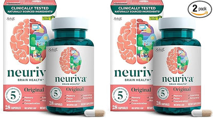 NEURIVA Original Decaffeinated Clinically Tested Nootropic Brain Supplement for Memory,Focus & Concentration,NeuroFactor & Phosphatidylserine,28ct Capsules,(Pack of 2)