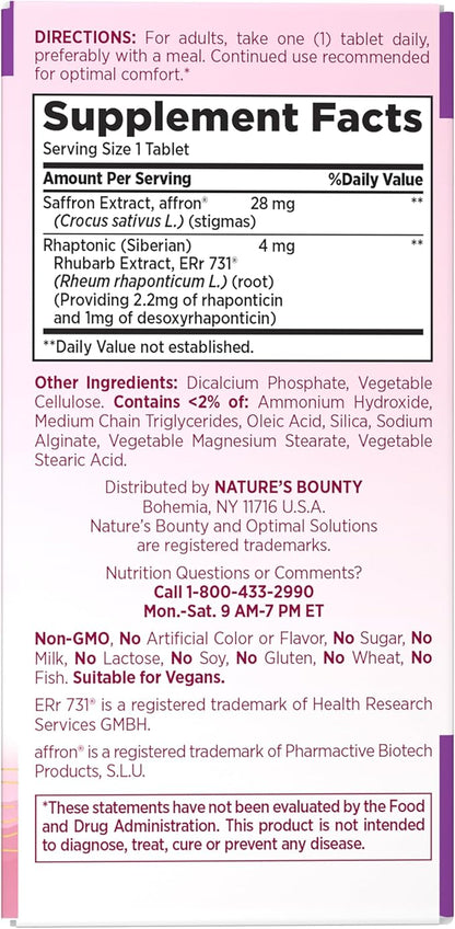 Nature's Bounty Optimal Solutions Advanced Menopause Relief, Menopause Supplement for Women Featuring Siberian Rhubarb, Hotflash Relief, No Added Hormones, Drug-Free, 30 Tablets, 30 Total Servings
