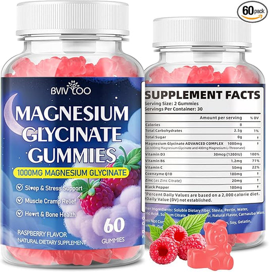 Magnesium Glycinate Gummies 1000mg with L-Threonate, Vitamin D, B6 & CoQ10 - Supports Memory, Calm & Mood - Sugar-Free Raspberry Flavor - 60 Count