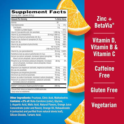 Emergen-C Immune+ Triple Action Immune Support Powder, BetaVia (R), 1000mg Vitamin C, B Vitamins, Vitamin D and Antioxidants, Super Orange – 30 Count