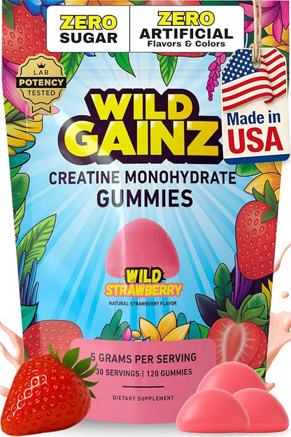 Creatine Monohydrate Gummies Sugar Free 5g - Made in USA - Pre Workout Creatine Chews for Women & Men, Creatine Gummy Candy, Chewable Nutritional Supplements, NSF Certified (Strawberry, 120 Count)