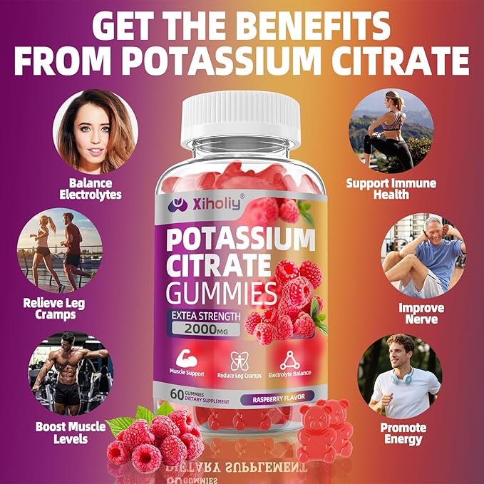 Potassium Citrate Gummies 2000mg, High Potency Electrolyte Gummies, Potassium Supplement with Magnesium glycinate, Zinc, Vitamin C D3 K2, for Electrolyte Balance, Leg Cramps, Muscle Support, 60 Chews