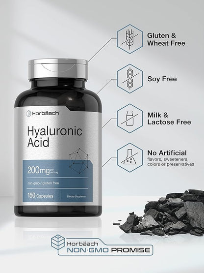 Horbäach Hyaluronic Acid Supplement | 200 mg | 150 Capsules | Non-GMO and Gluten Free Supplement
