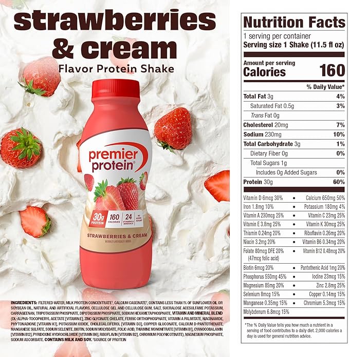 Premier Protein Shake, Strawberries & Cream, 30g Protein, No Added Sugar, 24 Vitamins & Minerals to Support Immune Health, 11.5 fl oz, 12 Pack (Packaging May Vary)