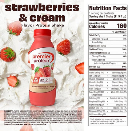 Premier Protein Shake, Strawberries & Cream, 30g Protein, No Added Sugar, 24 Vitamins & Minerals to Support Immune Health, 11.5 fl oz, 12 Pack (Packaging May Vary)