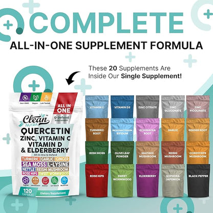 Q Defend Quercetin Supplement with Zinc Vitamin C Vitamin D Elderberry Turmeric Black Pepper Garlic Ginger Sea Moss Lysine Stinging Nettle Reishi Mushroom Immune Support 120 Capsules by Clean Nutra