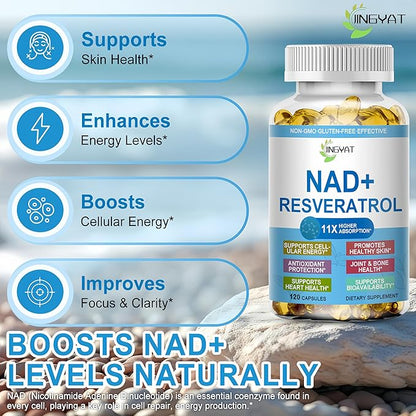 11-in-1 NAD Supplement with Resveratrol, CoQ10, Quercetin, Collagen, Grape Seed for Cellular Energy, Mental Focus & Antioxidant Support - NAD Supplement for Women & Men, 120 Soft Capsules
