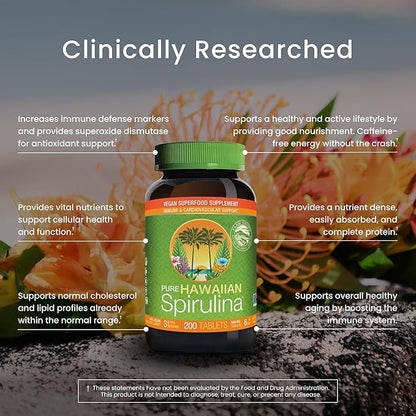 Nutrex Hawaii Pure Hawaiian Spirulina – Vegan Superfood, 500 mg Tablets, Farm Grown in Kona, Non-GMO, Immune Support & Cellular Energy, 200 Count