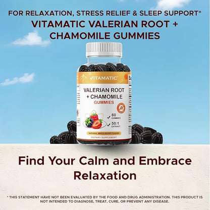 Vitamatic Valerian Root & Chamomile Gummies – Plant-Based Botanical Extract – Mixed Berry Flavor – Vegan, Non-GMO, Gluten-Free – Herbal Supplement – 60 Count (120 Count)