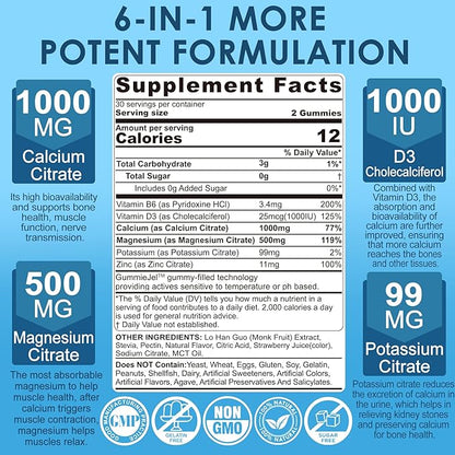 Calcium Citrate Vitamin D3 1000IU Gummies for Women & Men, Sugar Free Bone Health Complex with Calcium, Magnesium, Zinc Potassium & B6, High Absorption, Teeth, Leg Cramp & Nerve Health, Vegan, 60Cts