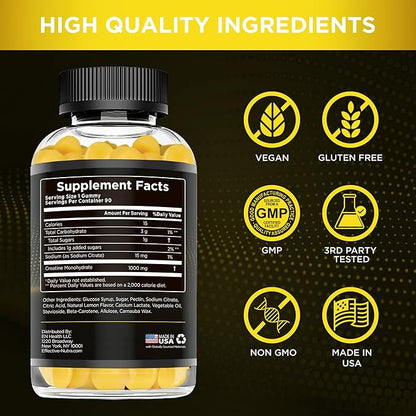 Effective Nutra Creatine Monohydrate Gummies - 1g Creatine per Gummy - Vegan Muscle & Strength Supplement for Men & Women - Supports Muscle Growth, Energy, Endurance - Lemon Flavor, Made in USA (90ct)