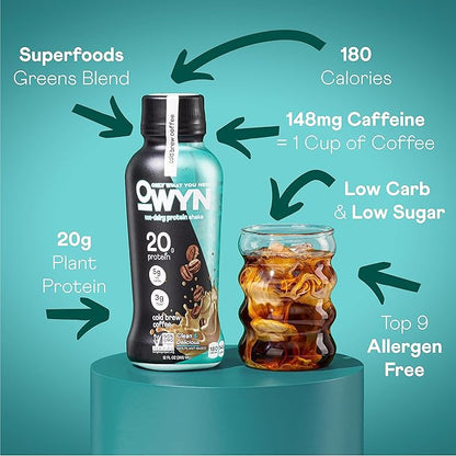 OWYN 100% Vegan Plant-Based Protein Shake, Cold Brew Coffee, 12 Pack, with 20g Plant Protein, Omega-3, Prebiotic supplements, Superfoods Greens Blend, Gluten-Free, Soy-Free, Non-GMO