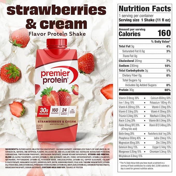 Premier Protein Shake, Strawberries & Cream, 30g Protein, No Added Sugar, 24 Vitamins & Minerals to Support Immune Health, 11 fl oz, 12 Pack
