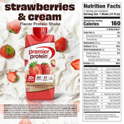 Premier Protein Shake, Strawberries & Cream, 30g Protein, No Added Sugar, 24 Vitamins & Minerals to Support Immune Health, 11 fl oz, 12 Pack