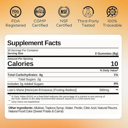 Lions Mane Mushroom Gummies for Focus and Memory - 500mg Fruiting Body Extract - Cognitive Support and Brain Health Supplements for Adults and Kids - Vegan, Gluten-Free - Canyon Cooler - 30 Servings