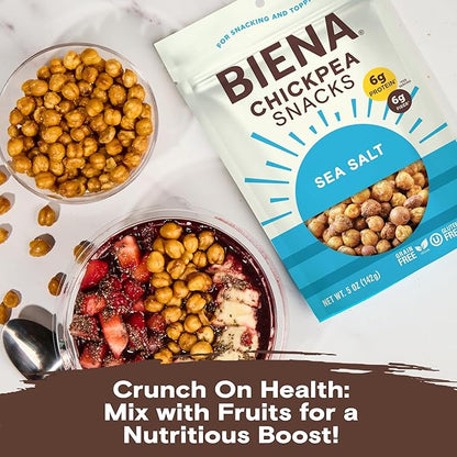 BIENA Chickpea Snacks - Crunchy Roasted Chickpeas - High Fiber Vegan Protein Snacks for Adults and Kids - 4-Pack, 5 Ounce Bags - Sea Salt