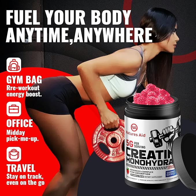 Natures Aid NSF Certified Creatine Gummy 5g - Creatine Monohydrate Gummies – Pre-Workout Energy & Muscle Growth Support for Men & Women | Strawberry Electrolyte Gummies (135 Count)