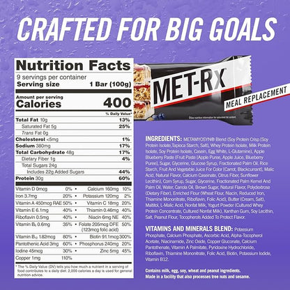 MET-Rx Big 100 Colossal Protein Bars, Healthy Meal Replacement Snack, Blueberry Cobbler, 3.52 oz, 4 Count